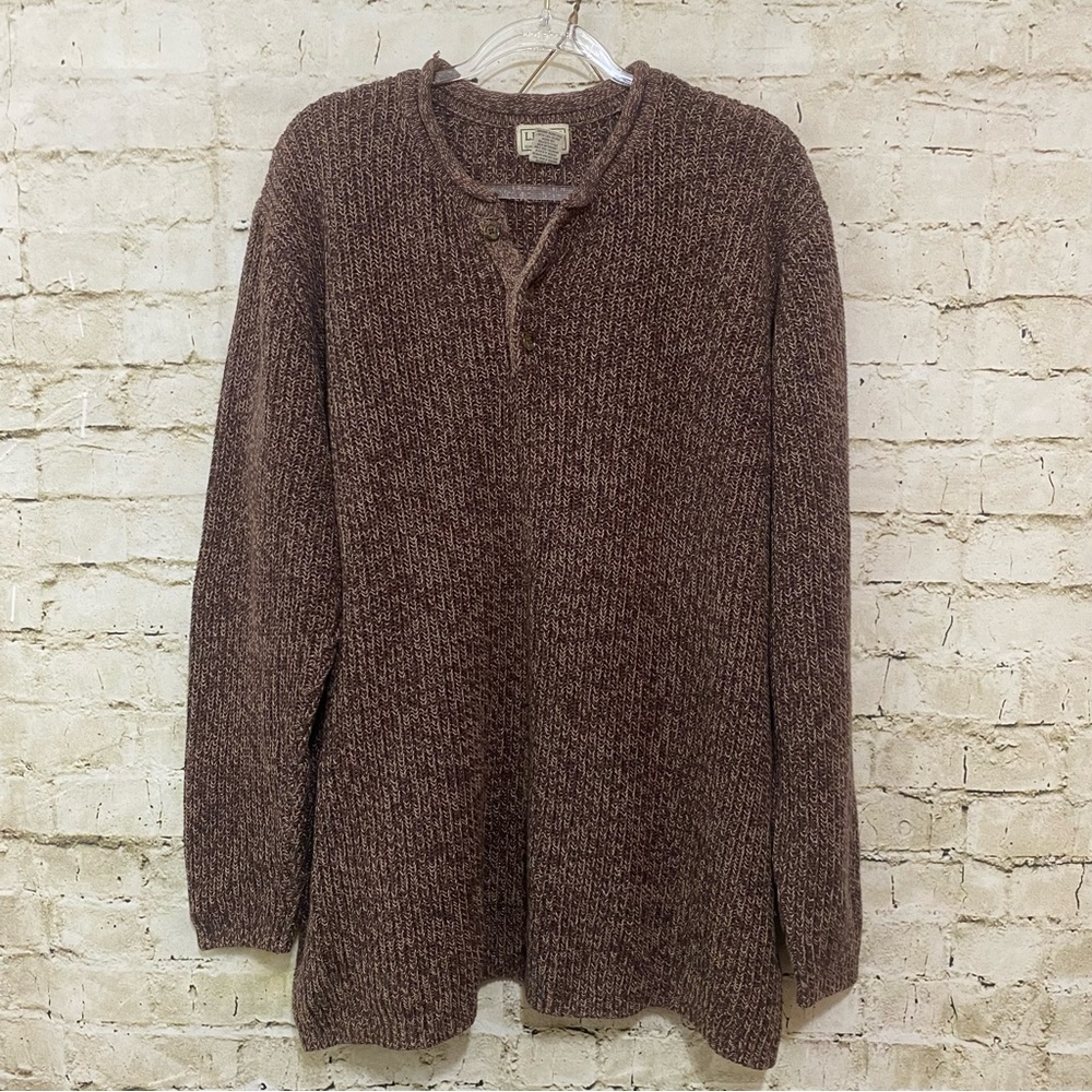 Vintage LL Bean Brown Knit Cotton Button Neck Heavy Sweater